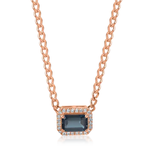Lant cu pandantiv geometric din aur roz cu topaz london blue square de 0.7ct si diamante de 0.06ct