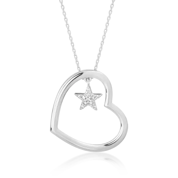 Lant cu pandantiv inima si steluta din aur alb cu diamante de 0.04ct