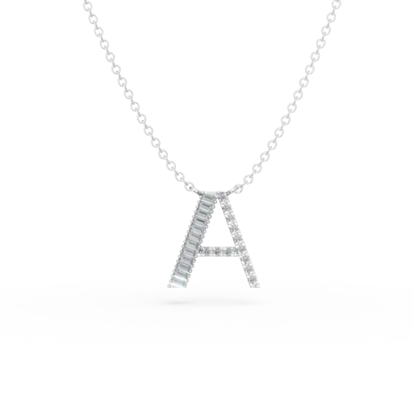Lant cu pandantiv initiala A din aur alb cu diamante baguette si rotunde de 0.21ct