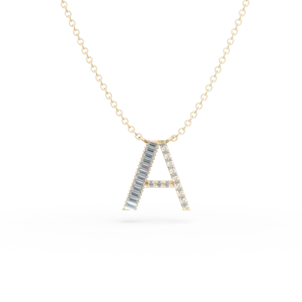 Lant cu pandantiv initiala A din aur galben cu diamante baguette si rotunde de 0.24ct