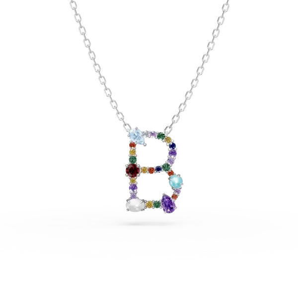 Lant cu pandantiv initiala B din aur alb cu pietre pretioase si semipretioase de 1.3ct