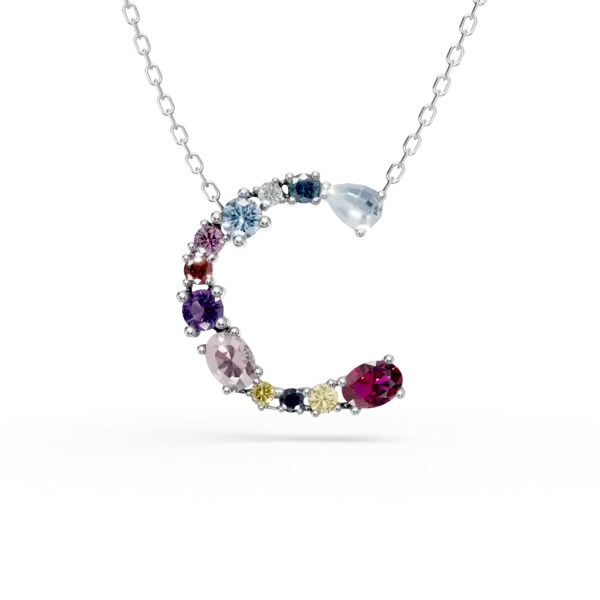 Lant cu pandantiv initiala C din aur alb cu pietre pretioase si semipretioase de 0.9ct