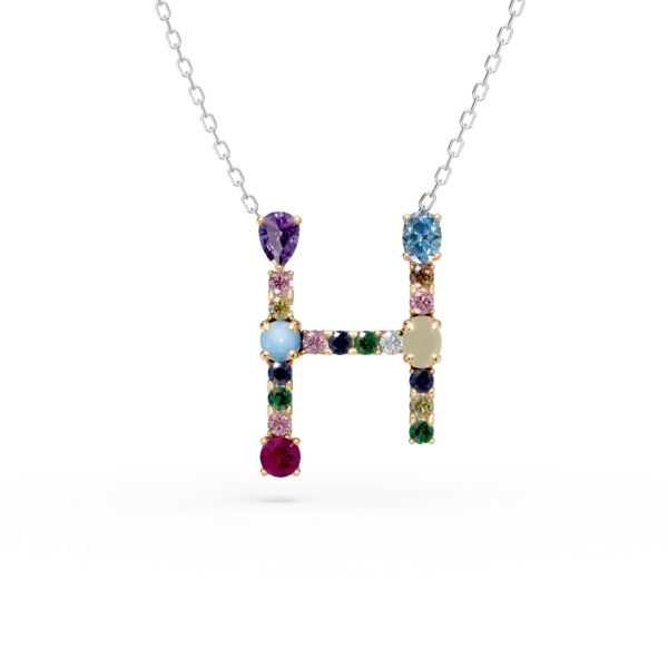 Lant cu pandantiv initiala H din aur alb cu pietre pretioase si semipretioase de 0.9ct