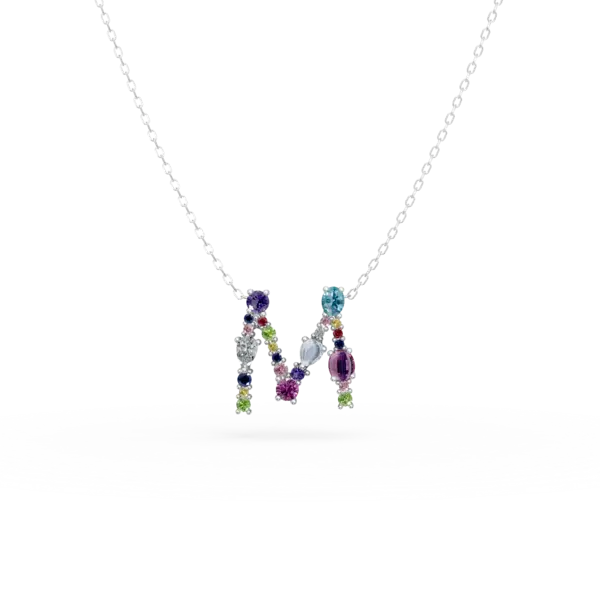 Lant cu pandantiv initiala M din aur alb cu pietre pretioase si semipretioase de 1.6ct