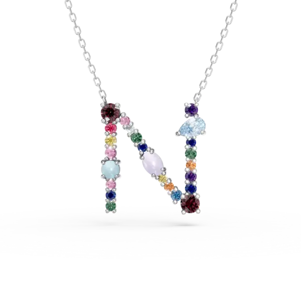 Lant cu pandantiv initiala N din aur alb cu pietre pretioase si semipretioase de 1.4ct