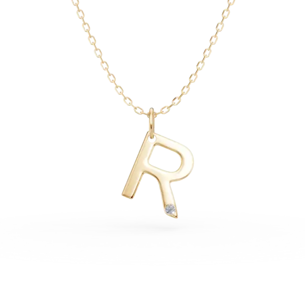 Lant cu pandantiv initiala R din aur galben cu diamant de 0.005ct