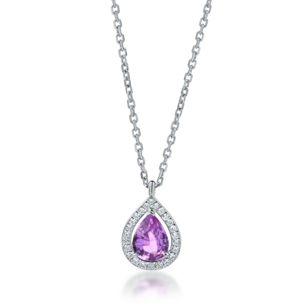 Lant cu pandantiv lacrima din aur alb cu safir roz si diamante de 0.8ct