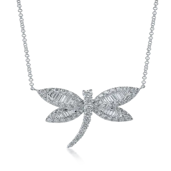 Lant cu pandantiv libelula din aur alb cu diamante baguette si rotunde de 1.96ct