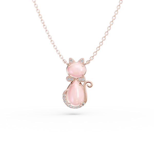 Lant cu pandantiv pisicuta pentru copii din aur roz cu quartz trandafiriu pear si oval de 1.3ct si diamante de 0.03ct