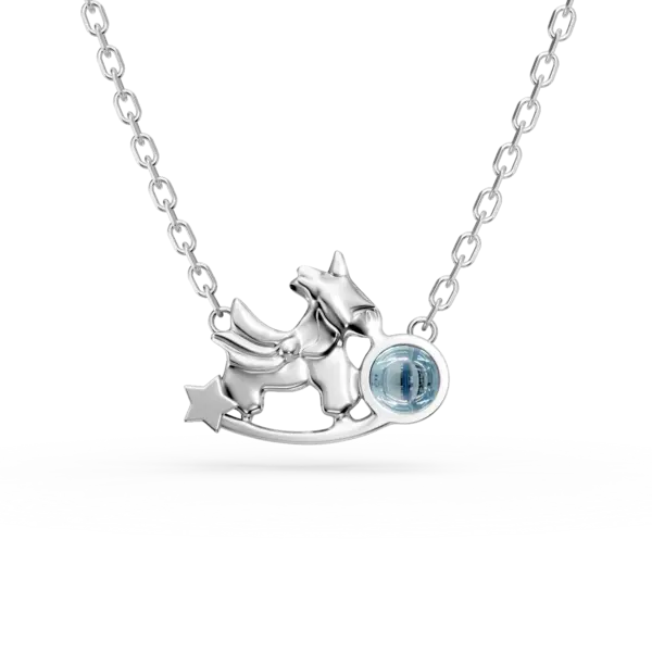 Lant cu pandantiv unicorn din aur alb cu topaz albastru de 0.1ct pentru copii