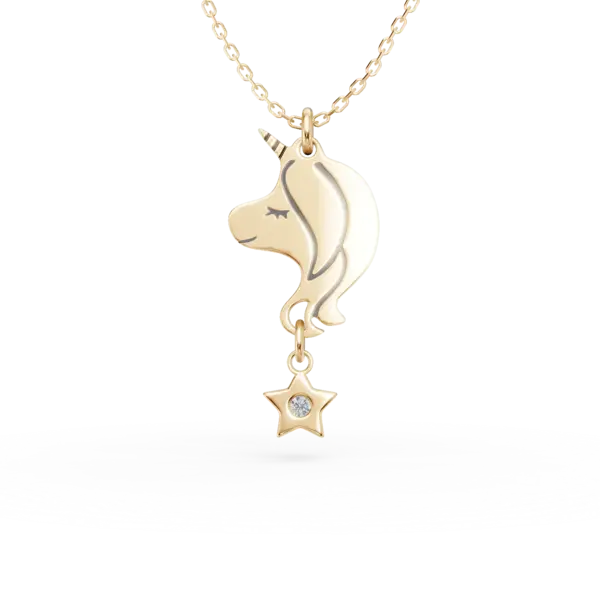 Lant cu pandantiv unicorn din aur galben cu diamant de 0.01ct pentru copii