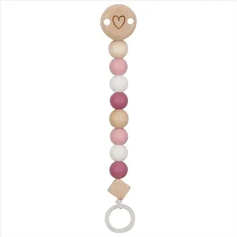 Lant din lemn pentru suzeta Hearts pastel pink