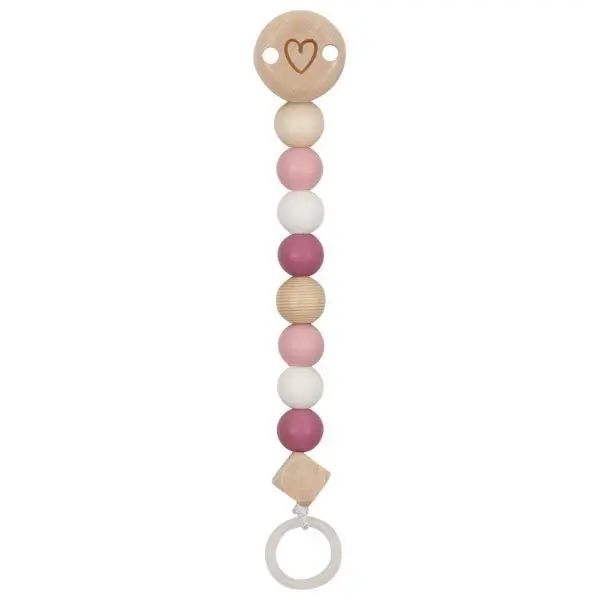 Lant din lemn pentru suzeta Hearts pastel pink