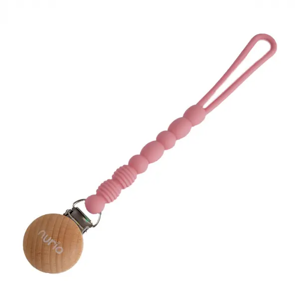 Lant pentru Suzeta, din Silicon si Lemn, pentru Dentitie, cu Clips, Roz, +0 luni - Nurio