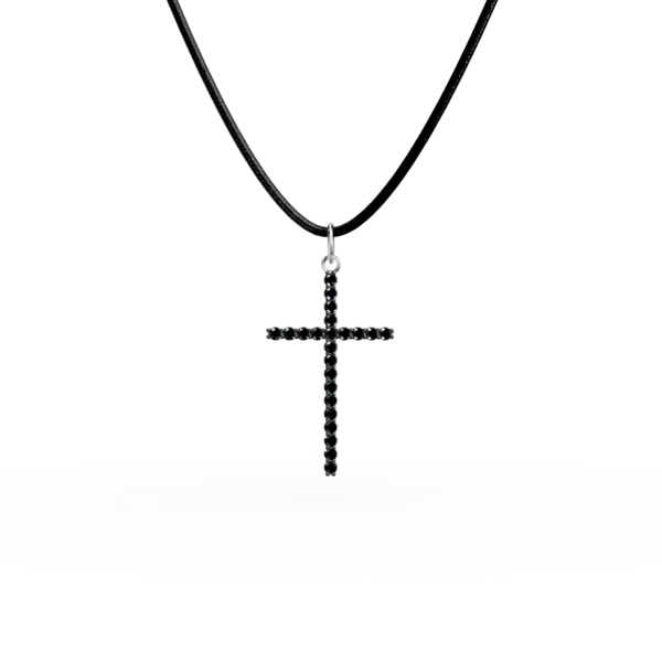Lant piele cu pandantiv cruce din aur alb cu diamante negre de 0.2ct