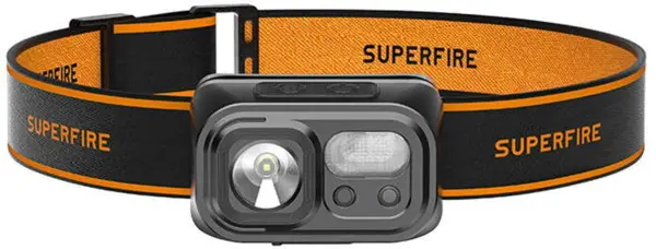 lanterna led pentru cap superfire hl23-a, 220lm, 120m, 1600mah, lumina rosie, incarcare usb-c, control miscare