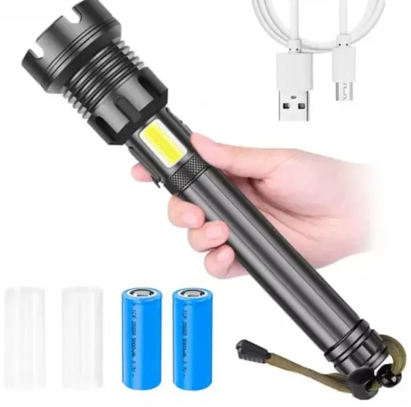 Lanterna LED Profesionala P120 3 Moduri 2 Acumulatori 26650 Zoom Vanatoare Paza