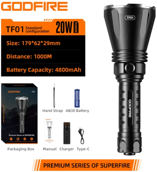 lanterna tactica led godfire tf01, 1000m, 1371lm, aliaj aluminiu, 4800mah, 245g, 5 moduri