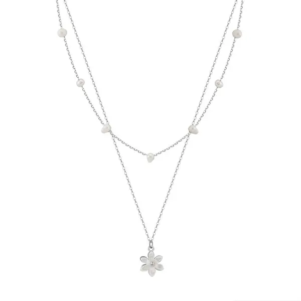 Lantisor argint 925, JW1706, model dublu cu floare, placat cu rodiu