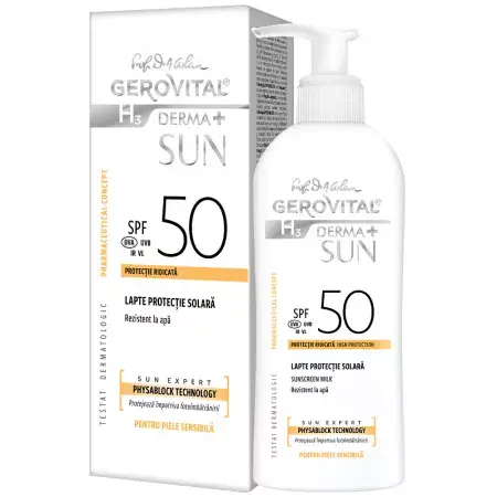 Lapte pentru protectie solara SPF50 H3 Derma+ Sun, Gerovital, Farmec | 150 ml