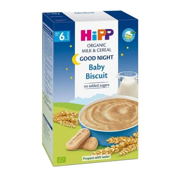 Lapte si cereale Bio cu biscuit, Noapte Buna, +6 luni, 250 g, Hipp