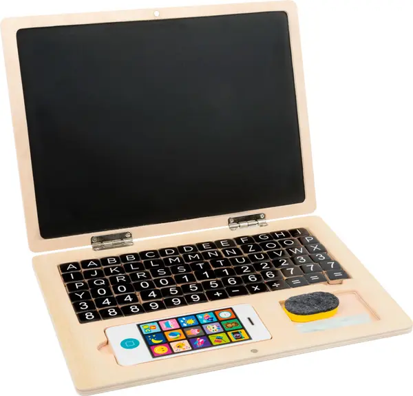 Laptop din lemn cu tablă magnetică Picior mic, cu smartphone