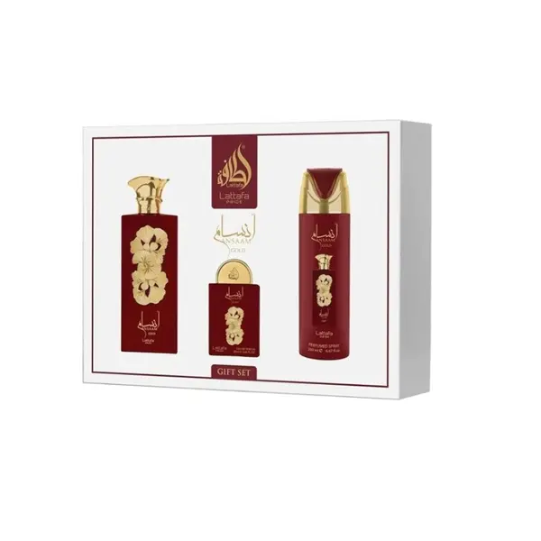 Lattafa Pride Ansaam Gold Set cadou unisex Volum EDP 100 ml + EDP 20 ml + deodorant spray 200 ml + reumplere
