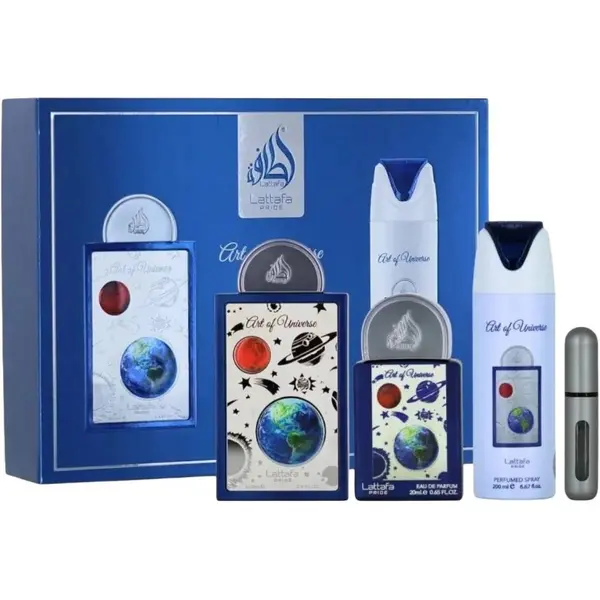 Lattafa Pride Art Of Universe Set cadou unisex Volum EDP 100 ml + EDP 20 ml + deodorant spray 200 ml + reumplere