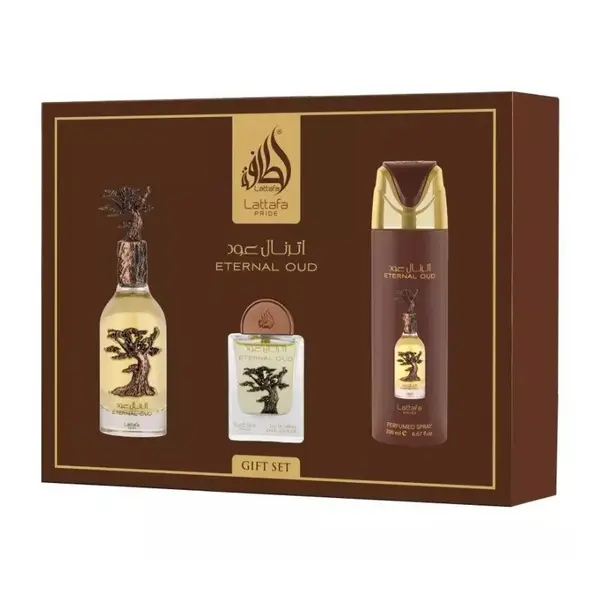 Lattafa Pride Eternal Oud Set cadou unisex Volum EDP 100 ml + EDP 20 ml + deodorant spray 200 ml + reumplere