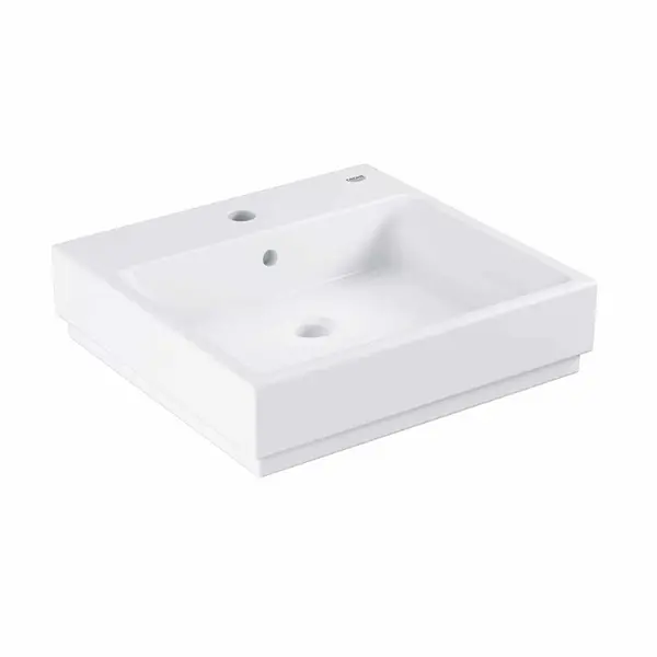 Lavoar baie pe blat alb 50 cm, patrat, orificiu baterie, Grohe Cube Ceramic Pure Guard