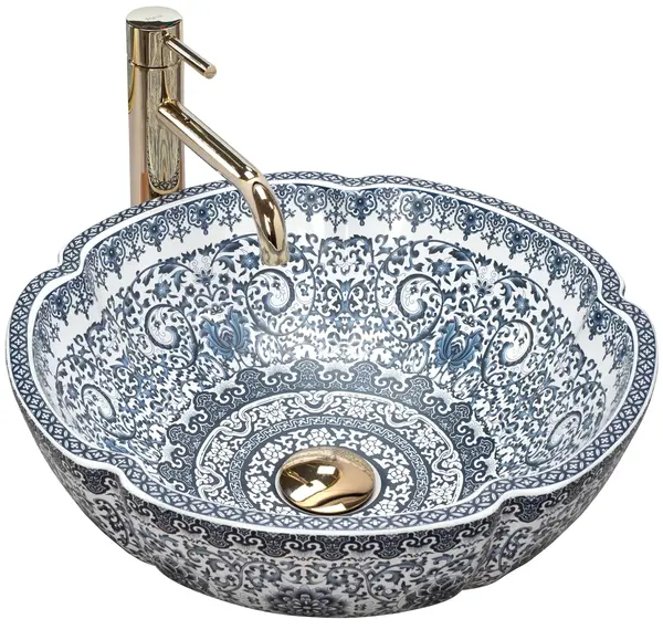 Lavoar ceramic rotund Rea Vivien, decor alb-albastru, 42,5 x 42,5 cm