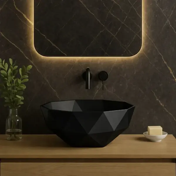 Lavoar de baie compozit cu montare pe blat, negru mat, oval, Foglia 3D Bowl