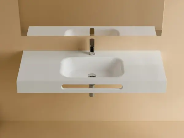 Lavoar din compozit suspendat cu suport prosop, 121 x 46 cm, alb, Foglia Porto