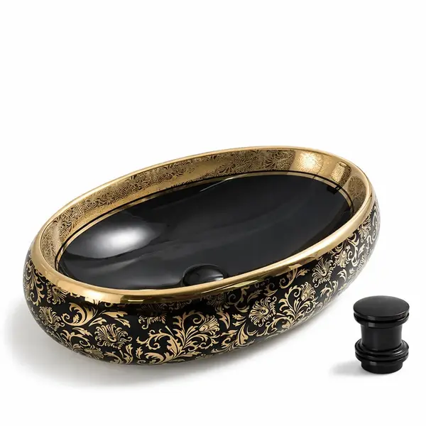Lavoar Oval de Baie pe Blat BisDesign , Ceramica Negru cu Decor Auriu, Design Luxury, cu Ventil Ceramic Inclus - 590 410 160 mm