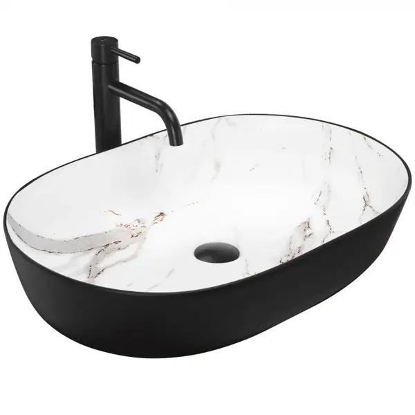 Lavoar oval Rea Cleo, imitatie piatra, alb negru, ceramica premium, 60,5 x 41 cm