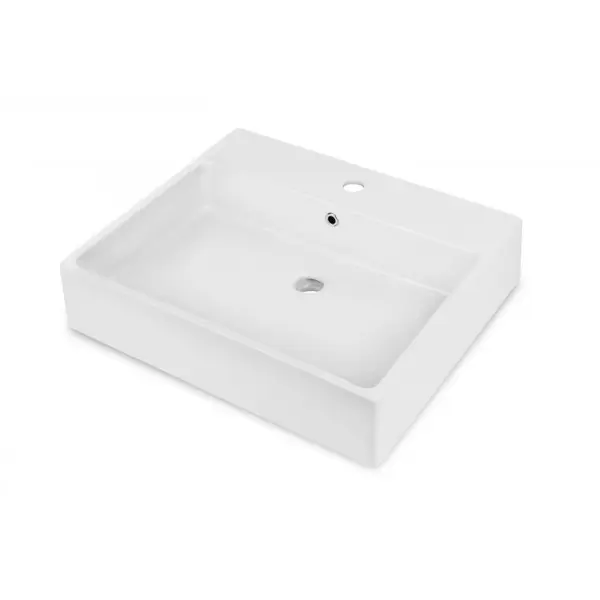 Lavoar pe blat alb lucios 60 cm, dreptunghiular, orificiu pentru baterie, Deante Temisto