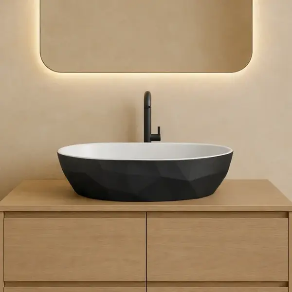 Lavoar pe blat compozit negru cu alb, oval, forme 3D, Foglia Armonia Slim