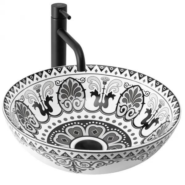 Lavoar pe blat cu design rotund cu model etnic alb-negru, Rea Etno