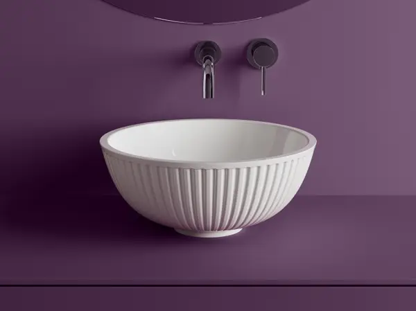 Lavoar pe blat din compozit, 40x40x17 cm, alb mat, interior lucios, rotund, Foglia Minimal