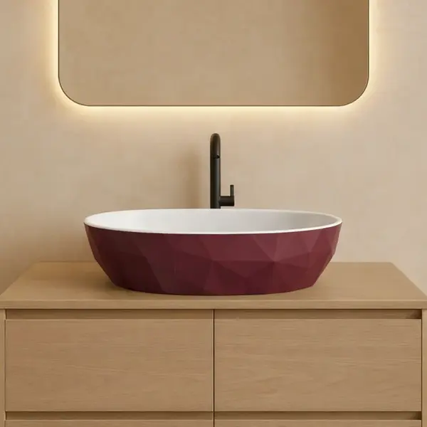Lavoar pe blat din compozit, burgundy cu interior alb, oval, forme 3D, Foglia Armonia Slim