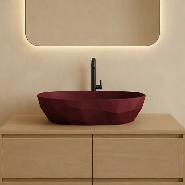 Lavoar pe blat din compozit burgundy mat 56 cm, oval, 3D, Foglia Armonia Slim
