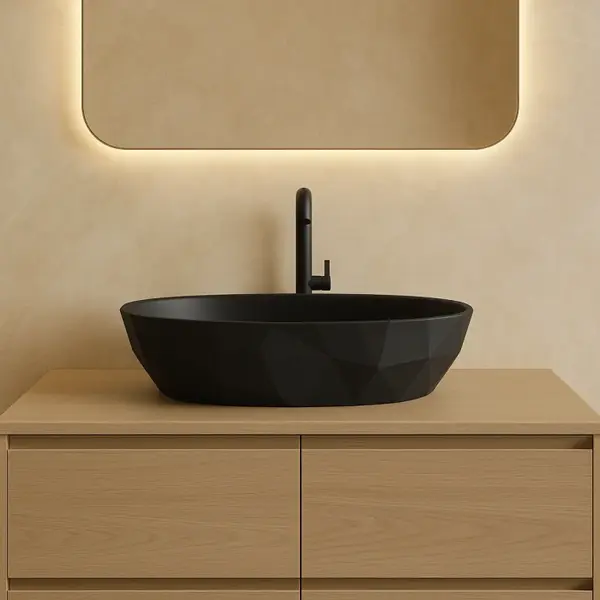 Lavoar pe blat din compozit negru mat 56 cm, oval, 3D, Foglia Armonia Slim