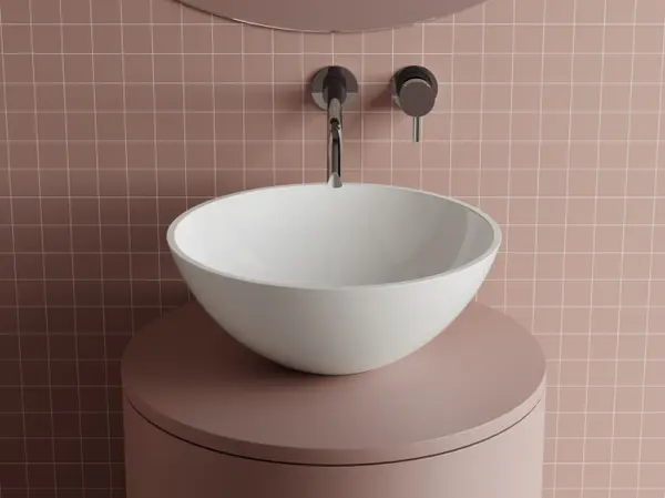Lavoar rotund, 38x15 cm, pe blat, din compozit, alb lucios, Foglia Rico