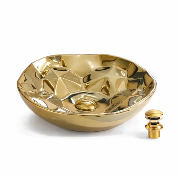 Lavoar Rotund de Baie pe Blat BisDesign , Ceramica Auriu Lucios, Design Luxury, cu Ventil Inclus - 405 405 120 mm