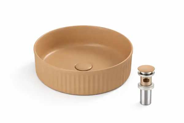 Lavoar Rotund de Baie pe Blat BisDesign , Ceramica Bej Nisipiu Mat, Design Modern, cu Ventil Ceramic Inclus - 370 370 130 mm
