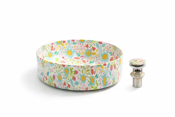 Lavoar Rotund de Baie pe Blat BisDesign , Ceramica Multicolor cu Model Floral Artistic, ventil ceramic model floral inclus, Design Statement - O 370