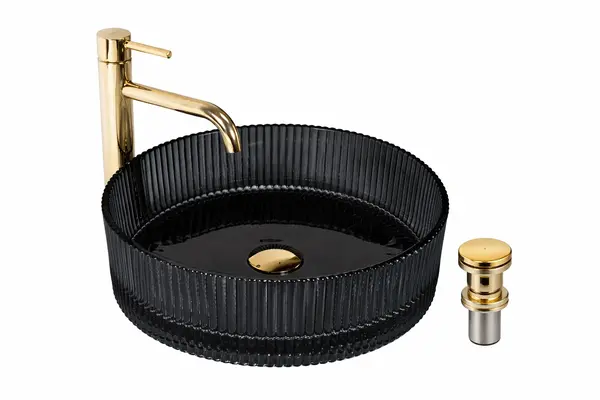 Lavoar Rotund de Baie pe Blat BisDesign , Sticla Negru Fumuriu, Design Luxury, cu Ventil Auriu Inclus - O 360 112 mm