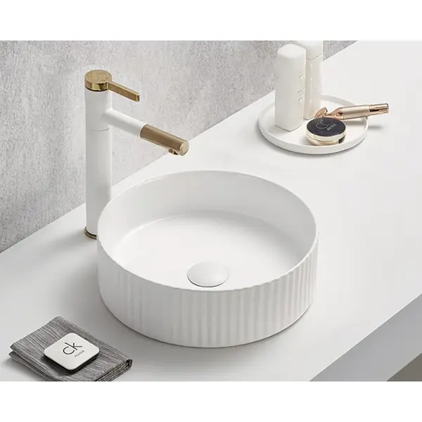 Lavoar rotund pe blat, cu riflaje 3D, alb lucios, Imperial Foglia
