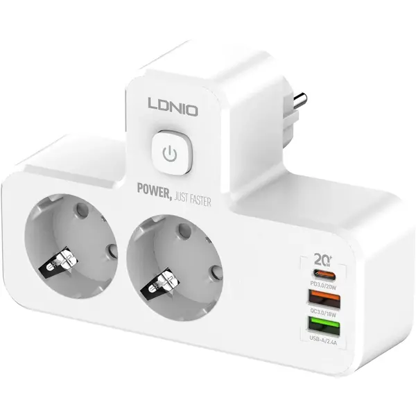 LDNIO Adaptor priza LDNIO SE2337, 2 prize, 2 X USB-A, 1 X USB-C, incarcare rapida QC 3.0, 10A, 20W