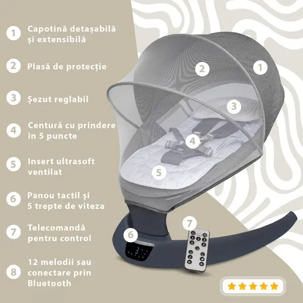 Leagan electric pentru bebelusi cu spatar reglabil si senzor de miscare AppeKids Evoque Powder Grey